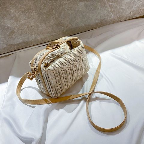 Women's Small Straw Solid Color Elegant Classic Style Square Lock Clasp Shoulder Bag Crossbody Bag Straw Bag