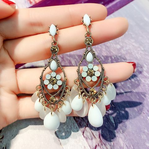Retro Flower Alloy Inlay Artificial Gemstones Women's Drop Earrings