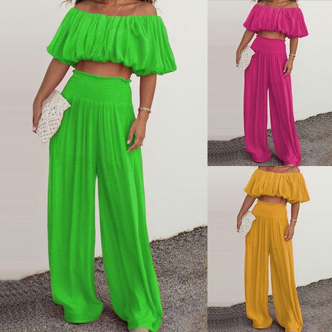 Women's Classic Style Solid Color 4-way Stretch Fabric Polyester Pants Sets