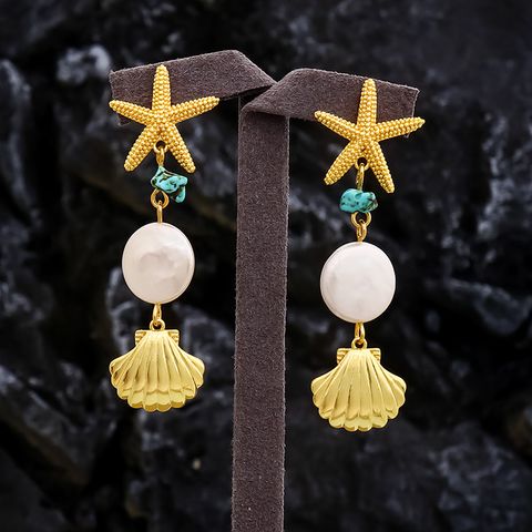 Casual Retro Starfish Shell Freshwater Pearl Copper Plating 18k Gold Plated Women's Drop Earrings
