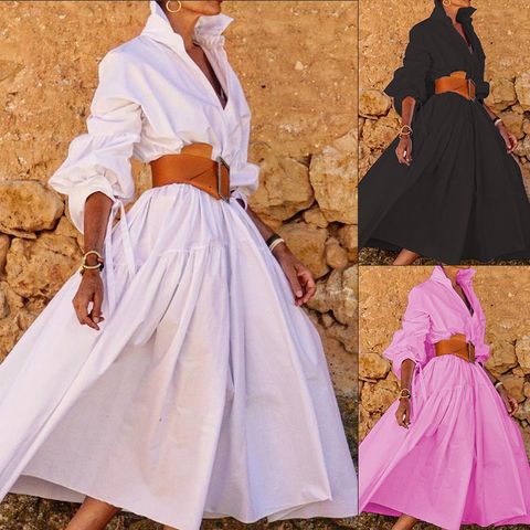 Women's A-line Skirt Casual Turndown Long Sleeve Solid Color Maxi Long Dress Street