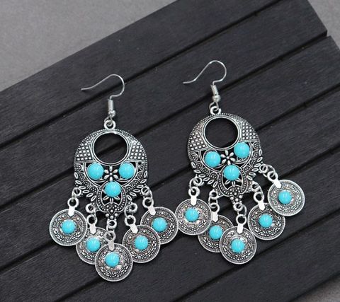 Retro Round Alloy Inlay Turquoise Women's Drop Earrings