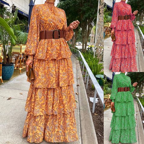 Women's Ruffled Skirt Classic Style Standing Collar Printing Long Sleeve Ditsy Floral Maxi Long Dress Street