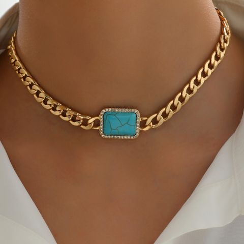 Wholesale Jewelry Vintage Style Vacation Rectangle Iron Turquoise Inlay Necklace