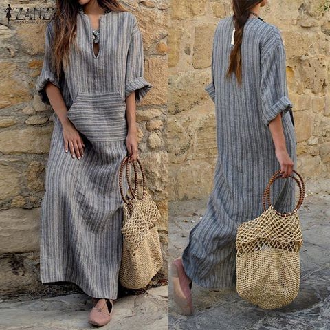 Women's Regular Dress Simple Style V Neck Patchwork 3/4 Length Sleeve Stripe Maxi Long Dress Holiday