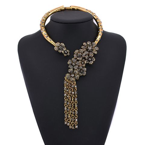 Exaggerated Luxurious Tassel Flower Alloy Inlay Artificial Crystal Women's Necklace