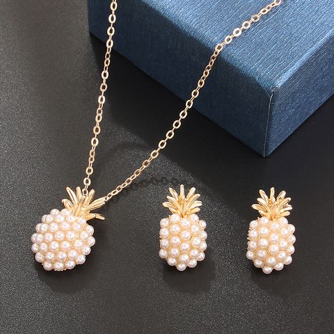 Simple Style Pineapple Gold Plated Pearl Alloy Wholesale Earrings Necklace