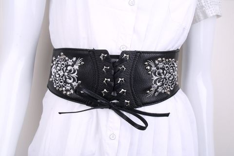 Classic Style Flower Pu Leather Iron Embroidery Women'S Leather Belts