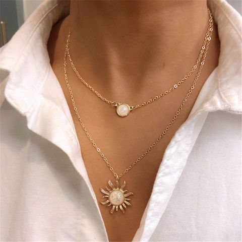 Simple Style Sun Alloy Inlay Opal Women's Layered Necklaces
