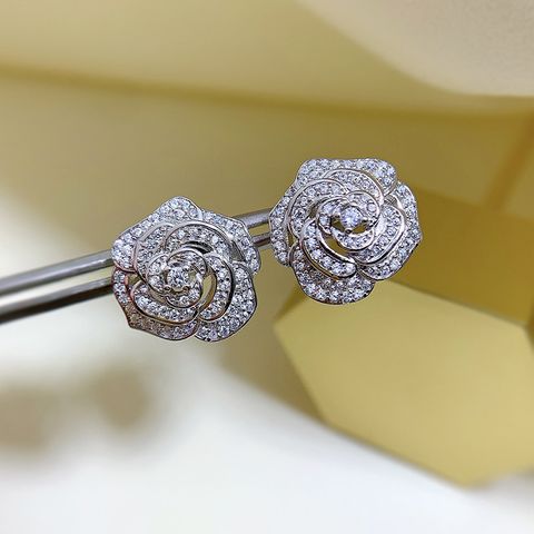1 Pair Elegant Lady Flower Sterling Silver Inlay Zircon Ear Studs