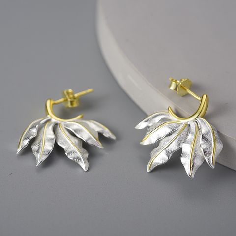 1 Pair Elegant Pastoral Leaf Plating Sterling Silver Earrings