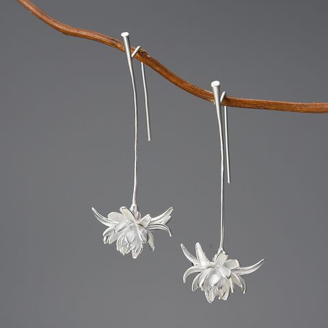 1 Pair Chinoiserie Elegant Classical Flower Plating Sterling Silver Drop Earrings