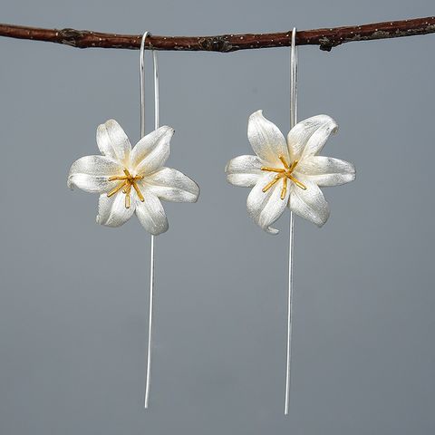 1 Pair Casual Classic Style Flower Plating Sterling Silver Drop Earrings