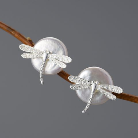 1 Pair Simple Style Dragonfly Plating Freshwater Pearl Sterling Silver Ear Studs