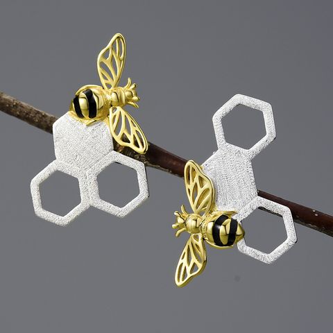 1 Pair Original Design Honeycomb Bee Plating Sterling Silver Ear Studs