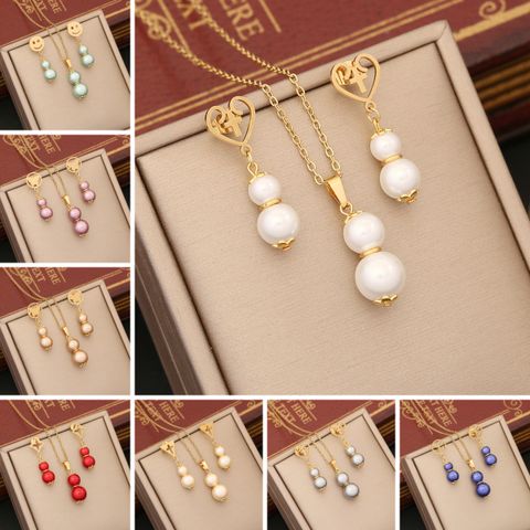 Stainless Steel Artificial Pearl 18K Gold Plated Commute Patchwork Gourd Jewelry Set