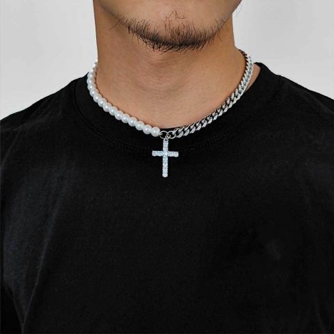 Hip-hop Cross Stainless Steel Imitation Pearl Copper Inlay Zircon Men's Pendant Necklace