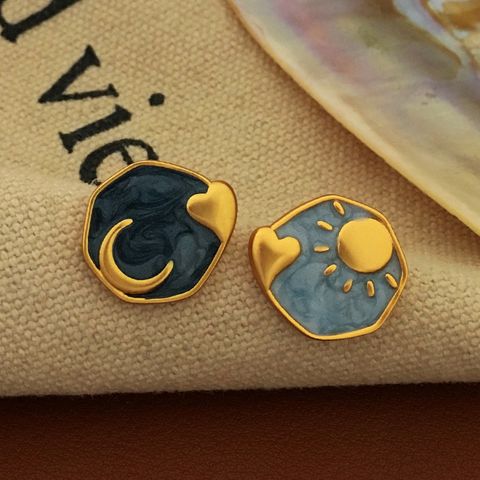 1 Pair Simple Style Streetwear Sun Moon Heart Shape Asymmetrical Enamel Plating Copper Gold Plated Ear Studs