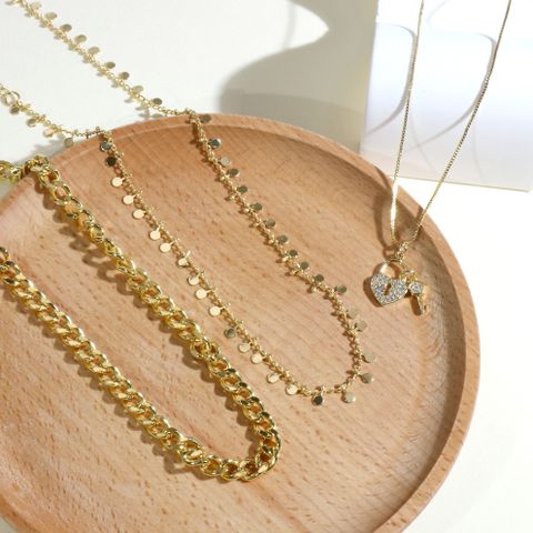 Hip-hop Simple Style Heart Shape Key Lock Copper 18k Gold Plated Zircon Pendant Necklace In Bulk