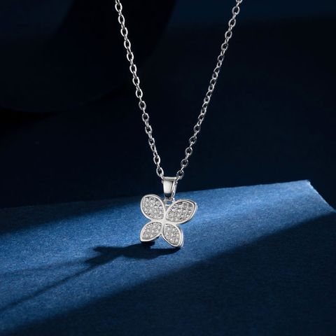 Stainless Steel Titanium Steel White Gold Plated Elegant Plating Inlay Water Droplets Flower Butterfly Zircon Pendant Necklace