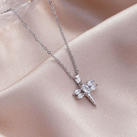 Stainless Steel Titanium Steel White Gold Plated Elegant Plating Inlay Flower Dragonfly Fish Tail Zircon Pendant Necklace