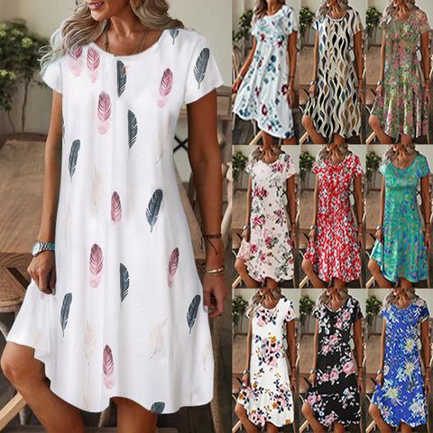 Women's Regular Dress Casual Round Neck Printing Short Sleeve Printing Knee-length Daily