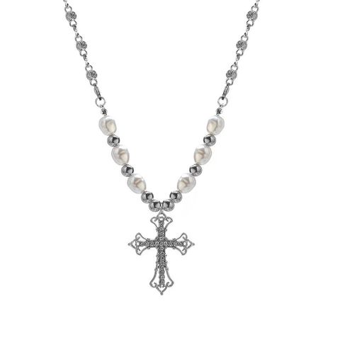 Punk Cool Style Cross Stainless Steel Alloy Freshwater Pearl Inlay Rhinestones Women's Pendant Necklace
