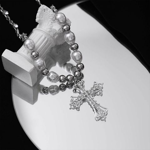 Punk Cool Style Cross Stainless Steel Alloy Freshwater Pearl Inlay Rhinestones Women's Pendant Necklace