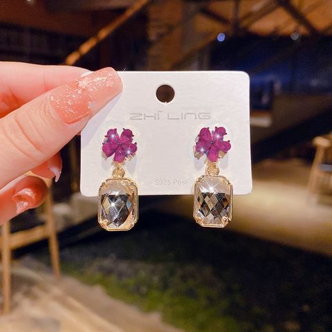 1 Pair Sweet Square Flower Inlay Alloy Artificial Crystal Drop Earrings