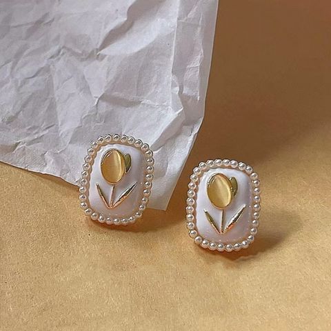 1 Pair Sweet Flower Inlay Imitation Pearl Alloy Opal Ear Studs