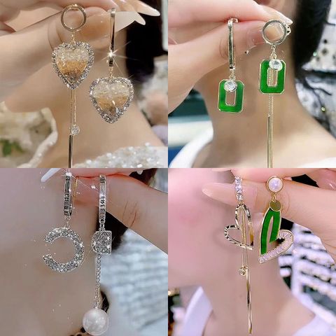 1 Pair Elegant Glam Geometric Square Heart Shape Inlay Alloy Artificial Crystal Artificial Pearls Drop Earrings