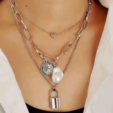 Hip-hop Heart Shape Lock Alloy Plating Women's Layered Necklaces