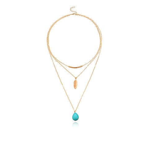 Ethnic Style Leaves Water Droplets Alloy Turquoise Plating Women's Layered Necklaces Sweater Chain