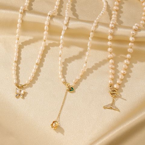 Elegant Blume Schmetterling Fischschwanz Süßwasserperle Kupfer Perlen Zirkon 14 Karat Vergoldet Halskette