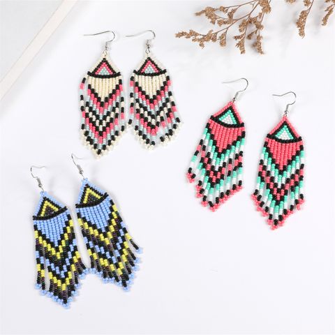 1 Pair Bohemian Geometric Waves Rhombus Tassel Seed Bead Drop Earrings