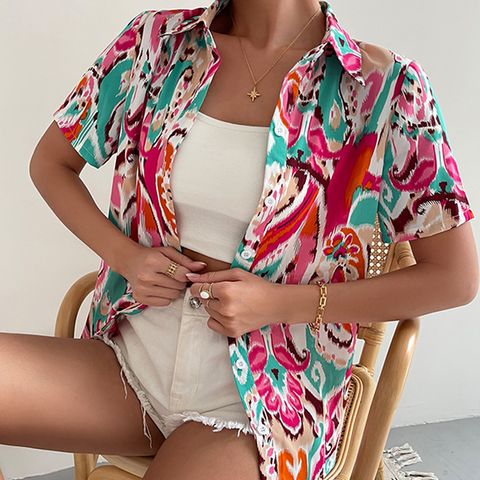 Women's Blouse Short Sleeve Blouses Printing Button Elegant Vacation Simple Style Floral