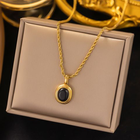 304 Stainless Steel 18K Gold Plated Vintage Style Inlay Oval Stone Pendant Necklace