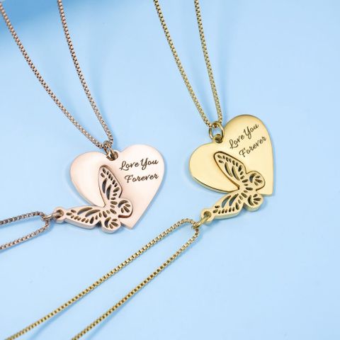 Romantic Letter Heart Shape Butterfly Stainless Steel Polishing Plating Rose Gold Plated Gold Plated Pendant Necklace