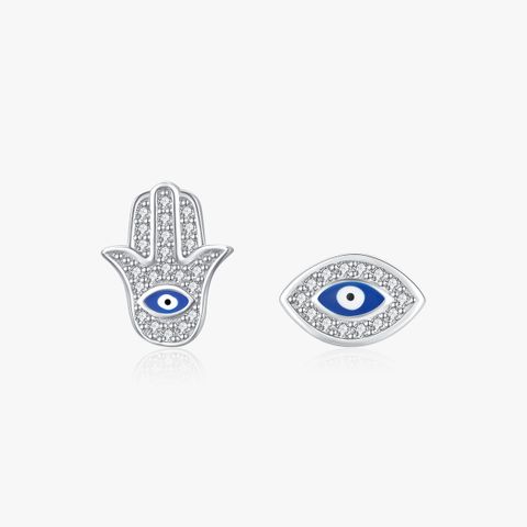1 Pair Ig Style Retro Devil's Eye Hand Of Fatima Asymmetrical Plating Inlay Sterling Silver Zircon Rhodium Plated Ear Studs