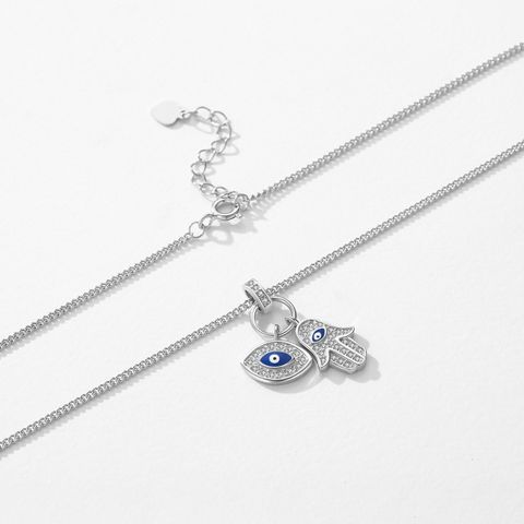 Ig Style Simple Style Devil's Eye Hand Of Fatima Sterling Silver Plating Inlay Zircon Rhodium Plated Pendant Necklace