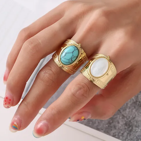 Rétro Ovale Acier Inoxydable Turquoise Bague Large Bande En Masse