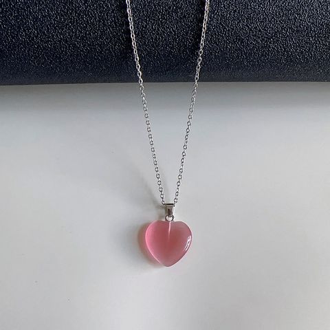 Simple Style Heart Shape Opal Titanium Steel Chain Pendant Necklace