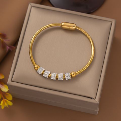 Casual Solid Color 304 Stainless Steel 18K Gold Plated Artificial Rhinestones Bangle In Bulk