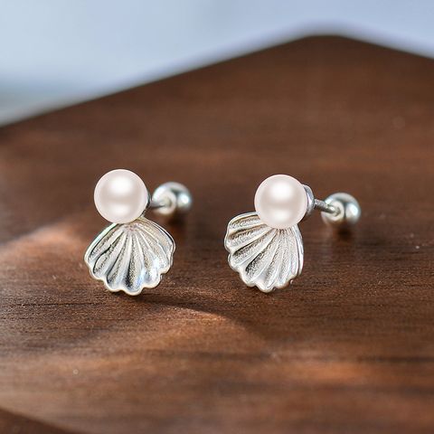 1 Pair Simple Style Shell Plating Freshwater Pearl Sterling Silver Ear Studs