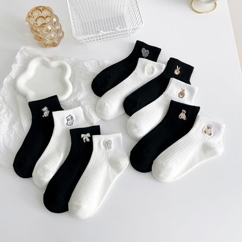 Women's Casual Heart Shape Solid Color Bow Knot Cotton Jacquard Crew Socks A Pair