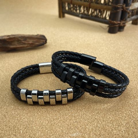 Hip-Hop Vintage Style Solid Color Stainless Steel Pu Leather Braid Artificial Leather Men'S Bangle