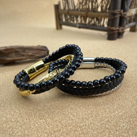 Vintage Style Cool Style Solid Color 304 Stainless Steel Pu Leather Beaded Layered Braid Artificial Leather Men'S Bangle