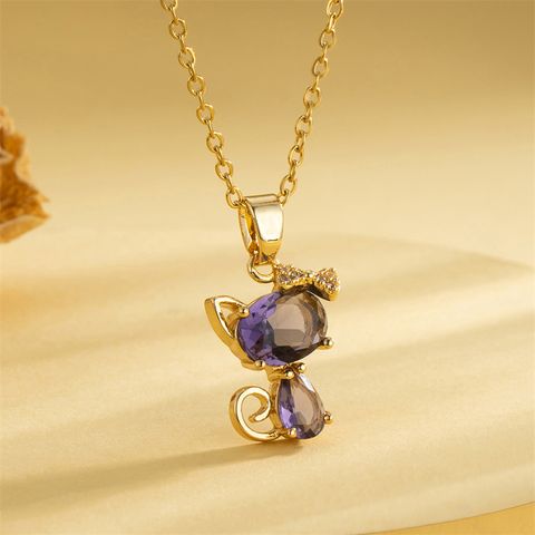 Stainless Steel 18K Gold Plated Sweet Plating Inlay Cat Artificial Diamond Pendant Necklace