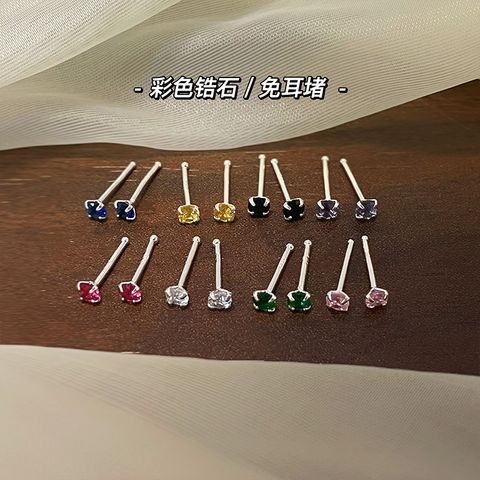 1 Pair Sweet Solid Color Inlay Sterling Silver Zircon Ear Studs