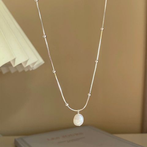 Simple Style Geometric Sterling Silver Inlay Freshwater Pearl Pendant Necklace